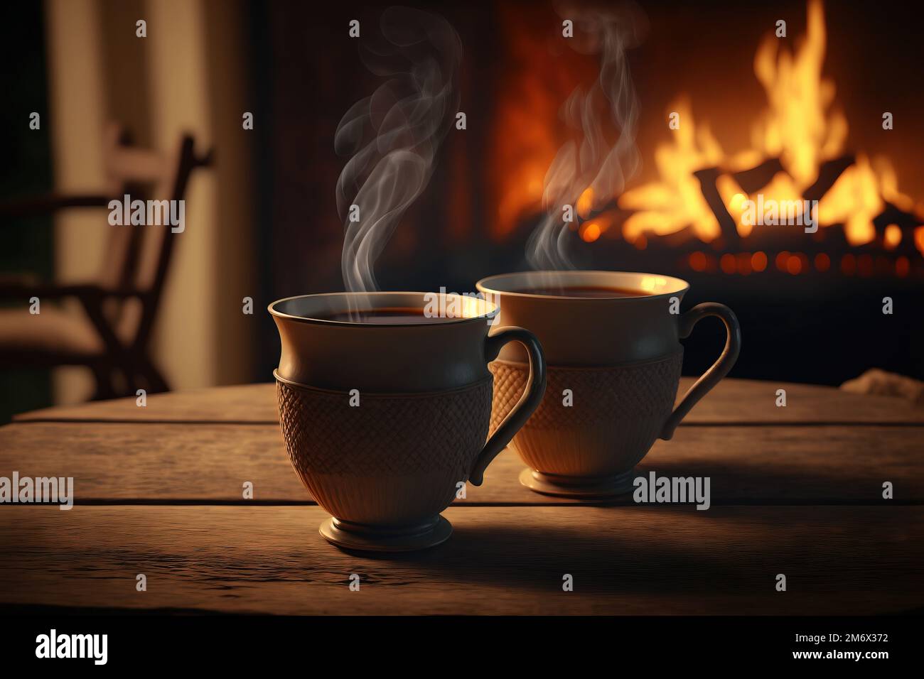 Two cups of steaming hot tea in front of fireplace. Generative AI. Stock Photo