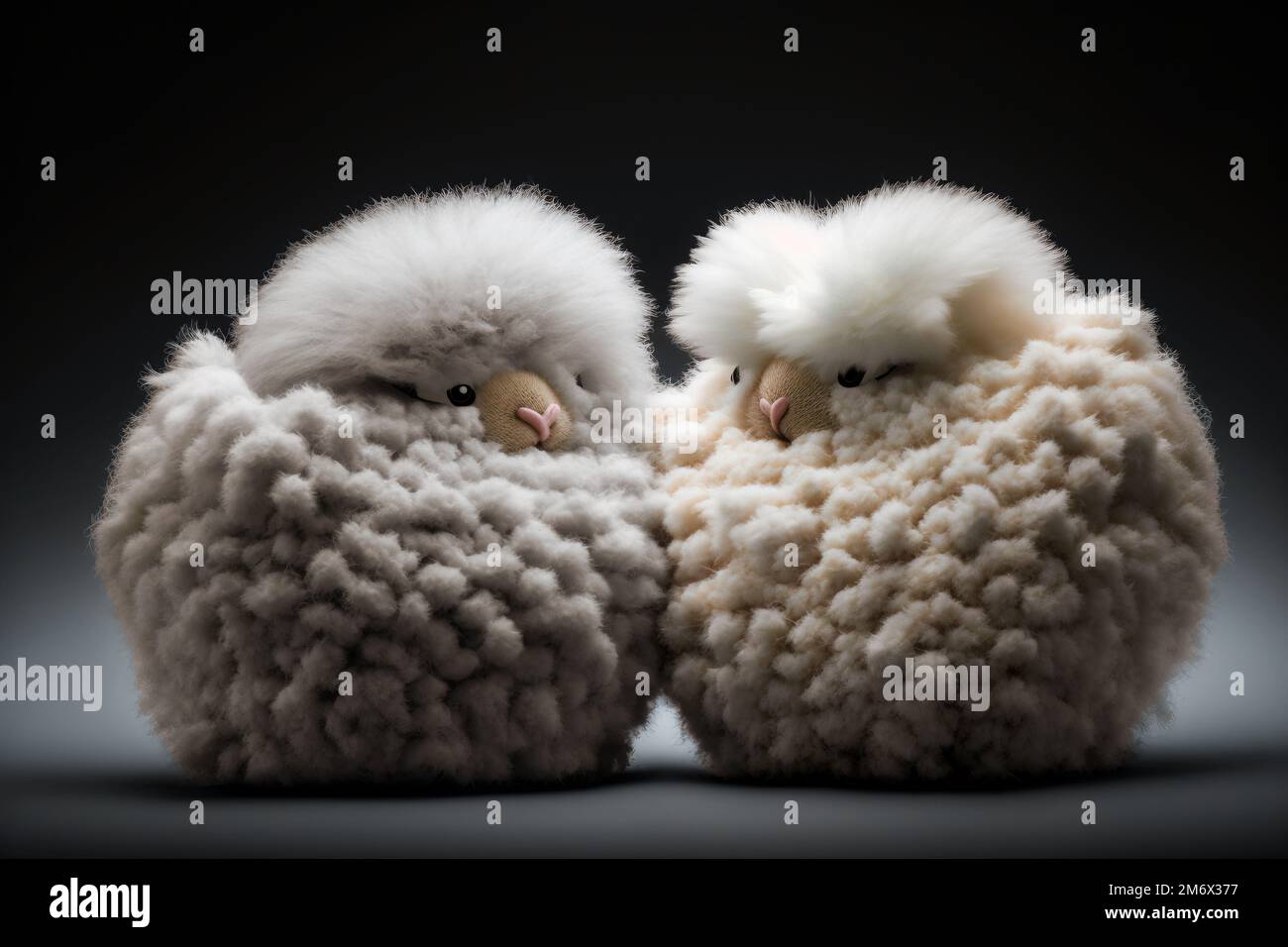 Couple of two cute cuddly furry fantasy sheep. Generative AI. Stock Photo