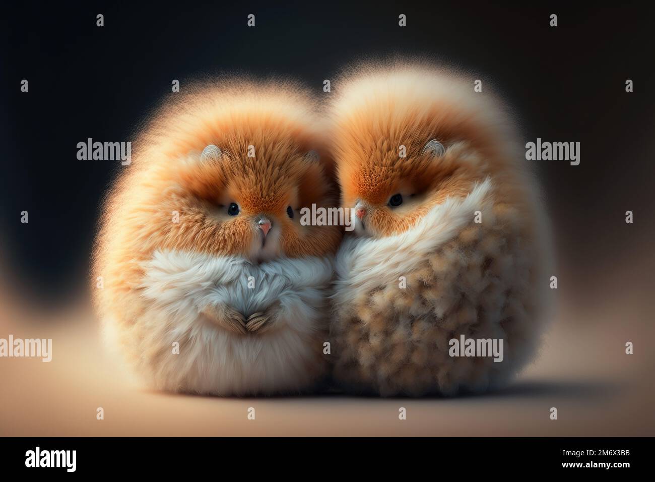 two cute baby fantasy furball animals huddled up to one another. Generative AI. Stock Photo