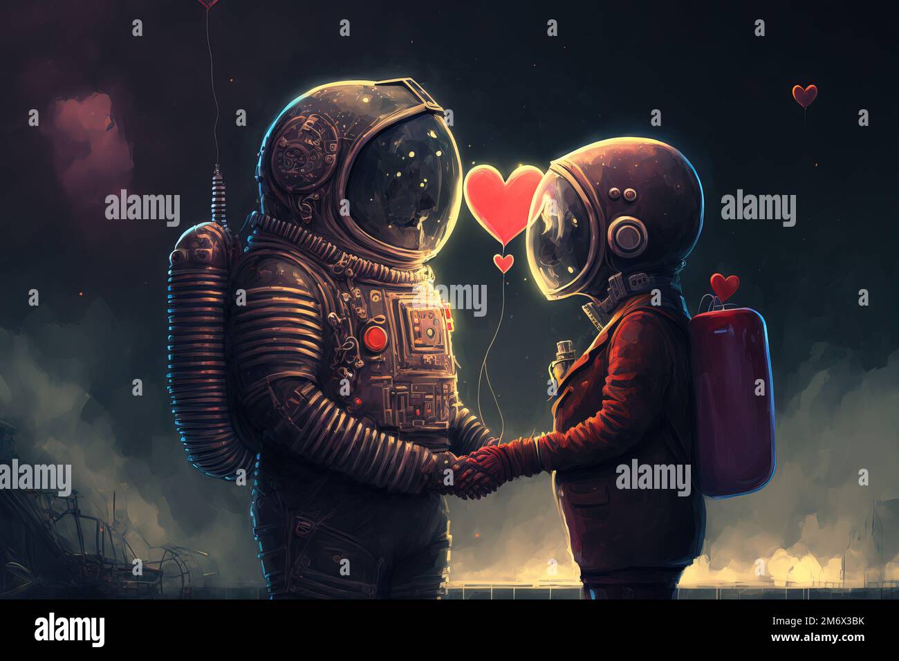 Astronaut couple in love on a Valentines Day date in space. Generative AI. Stock Photo