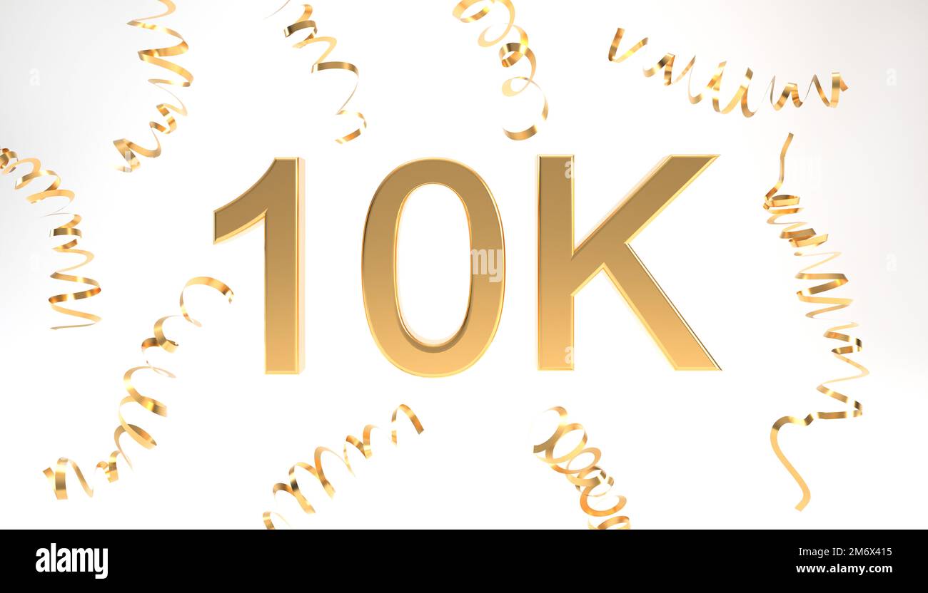 10K followers symbol with confetti 3d rendering. Gold 10K 3d number illustration on white