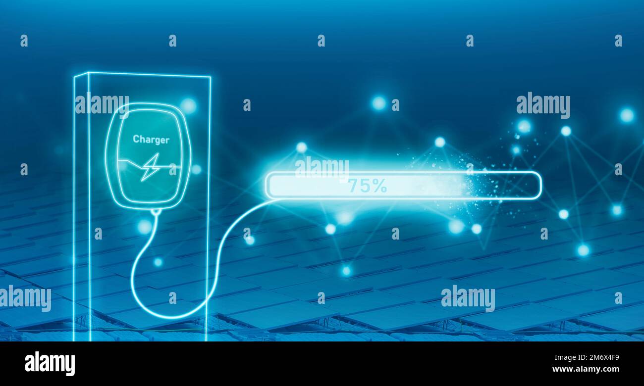 Battery charging station with solar energy farm, bright battery