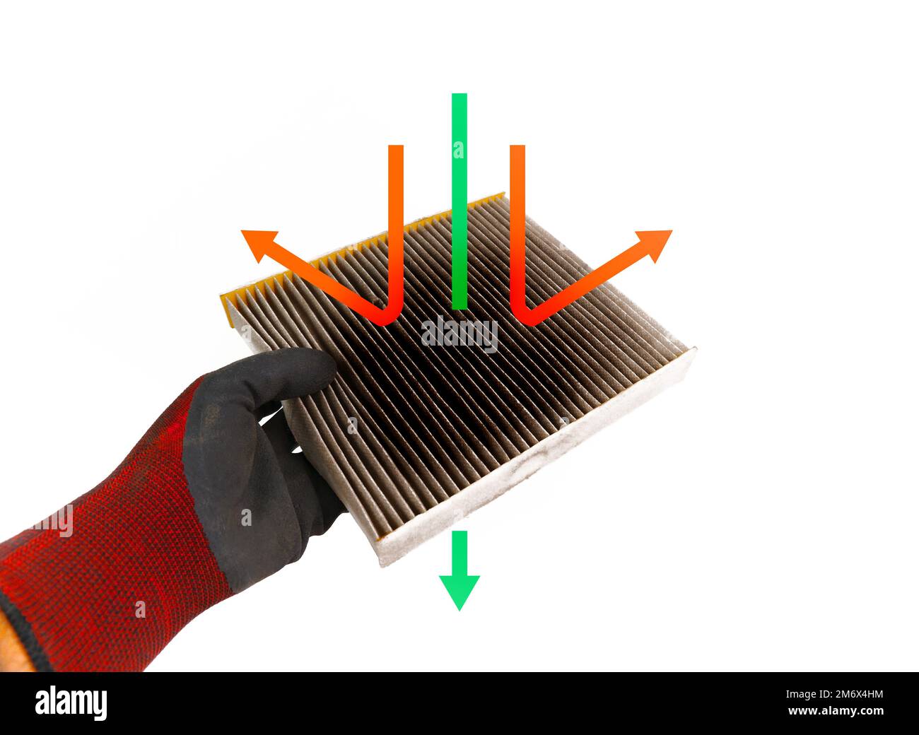 Car air conditioner filter clogged in mechanic hand with white