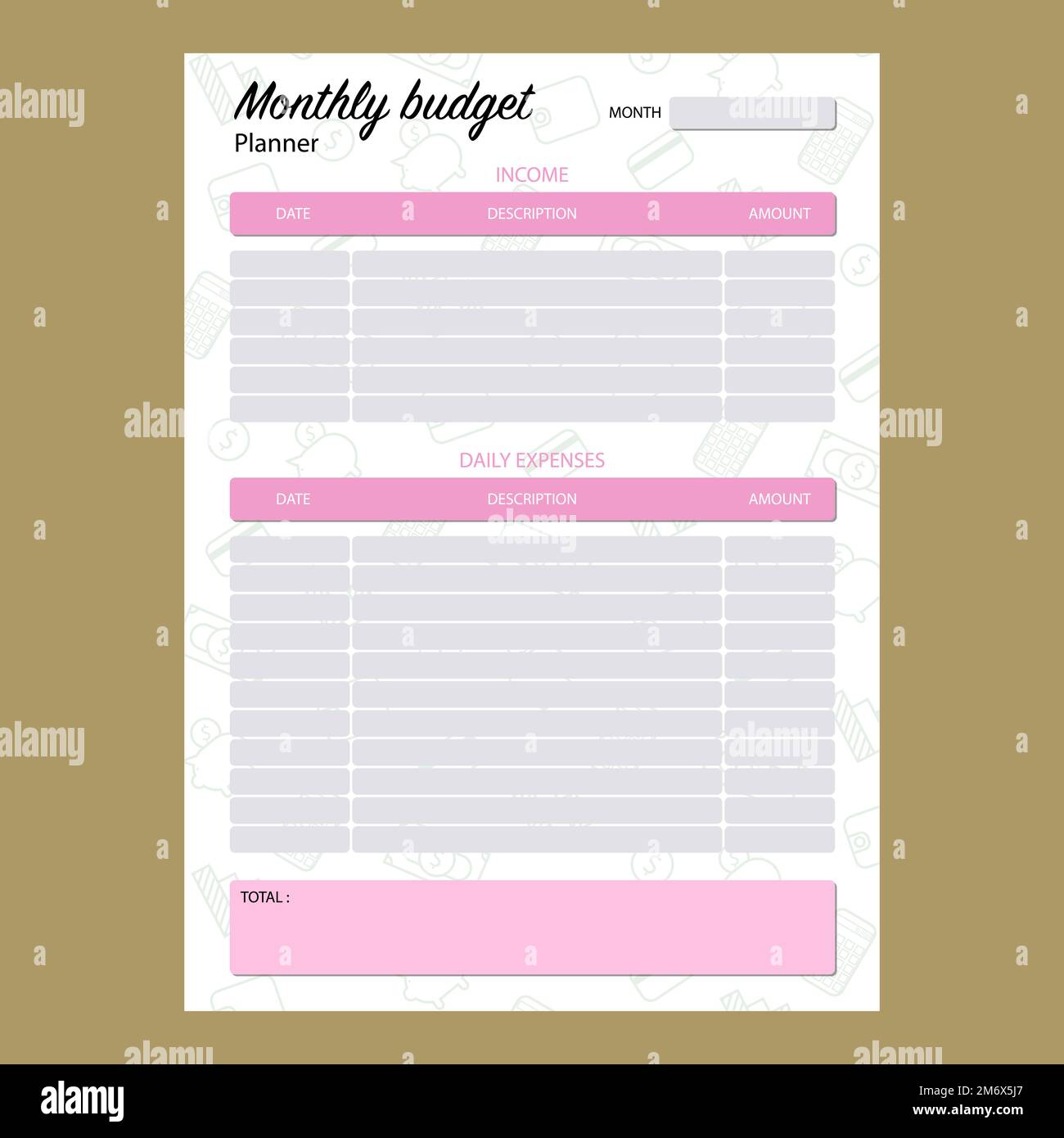 monthly budget planner with green pattern in vector Stock Vector