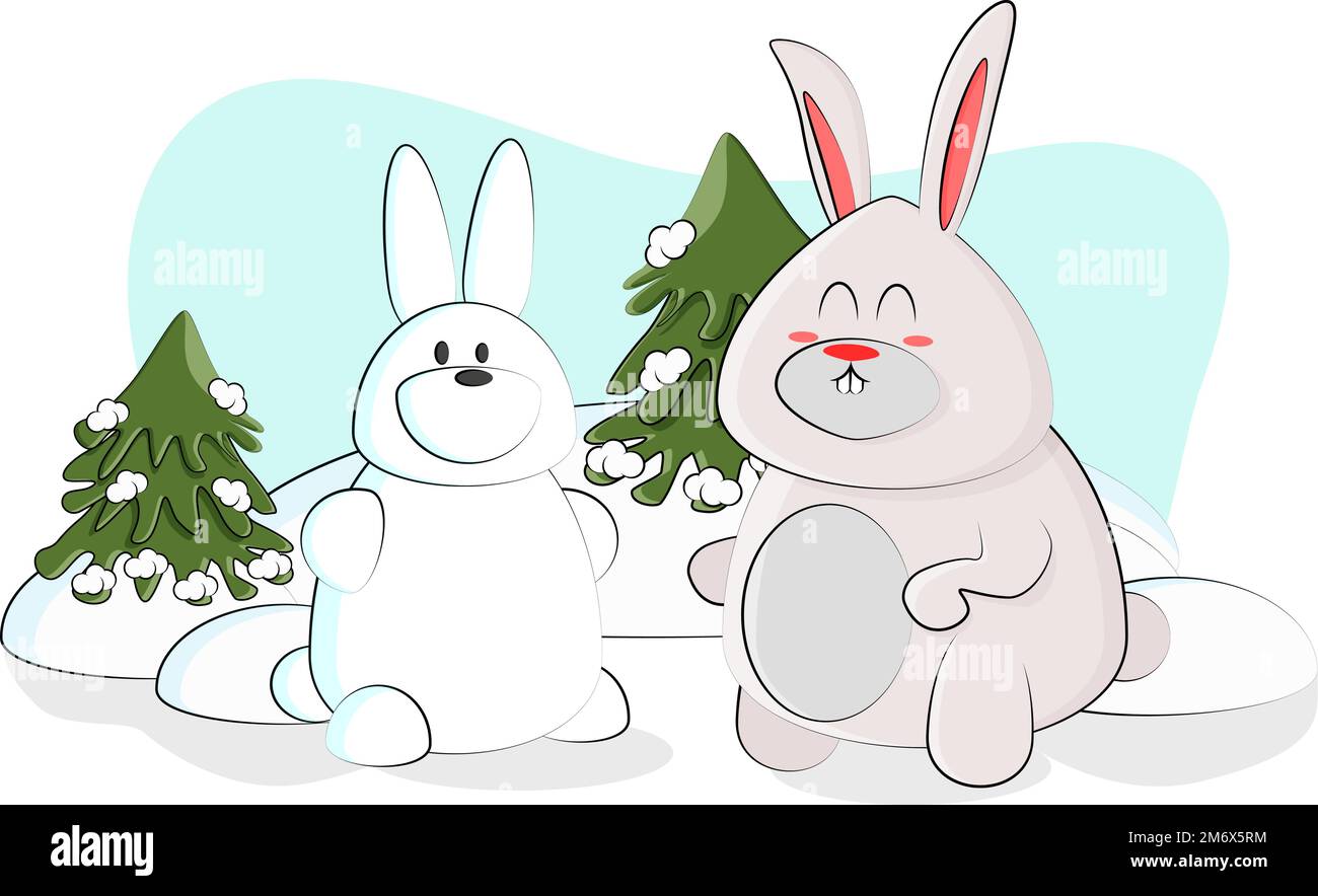 cute bunny made a snowman in the form of a bunny and admires him Stock