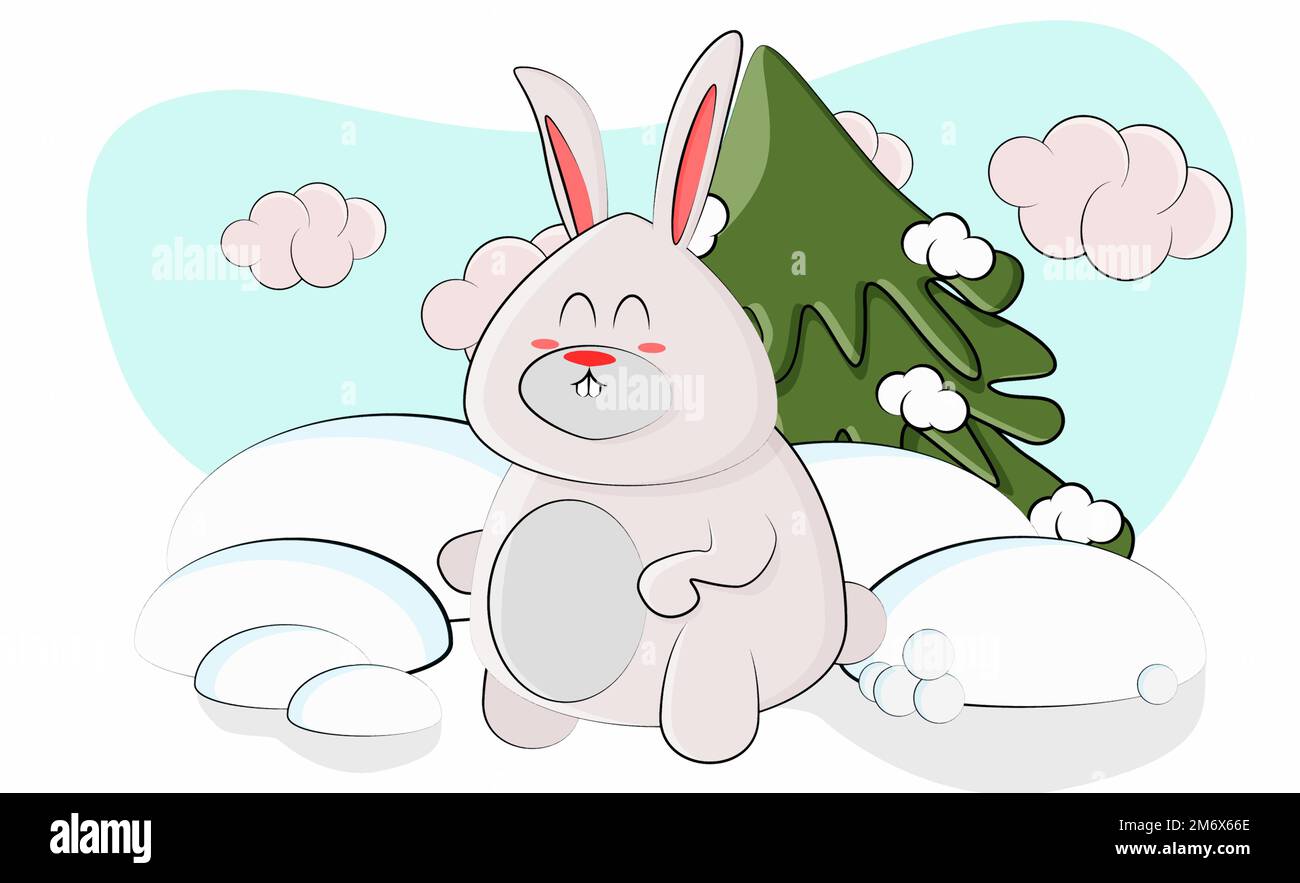 Cute bunny changed color to white in winter Stock Vector