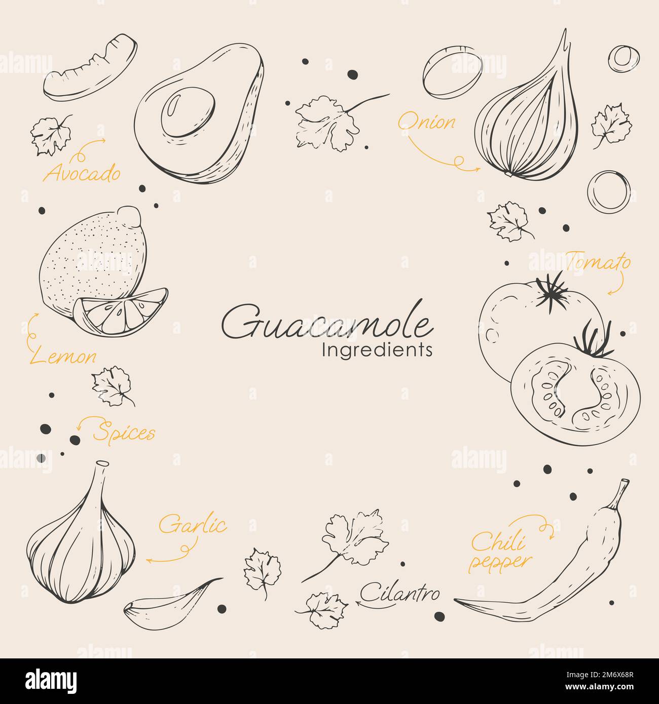 guacamole ingredients in hand drawn style in illustration Stock Vector