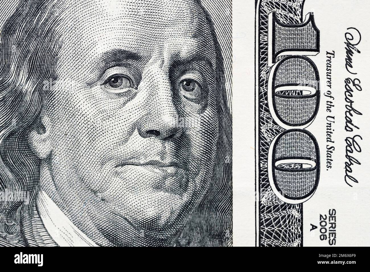 The face of Benjamin Franklin on the hundred dollar banknote ...