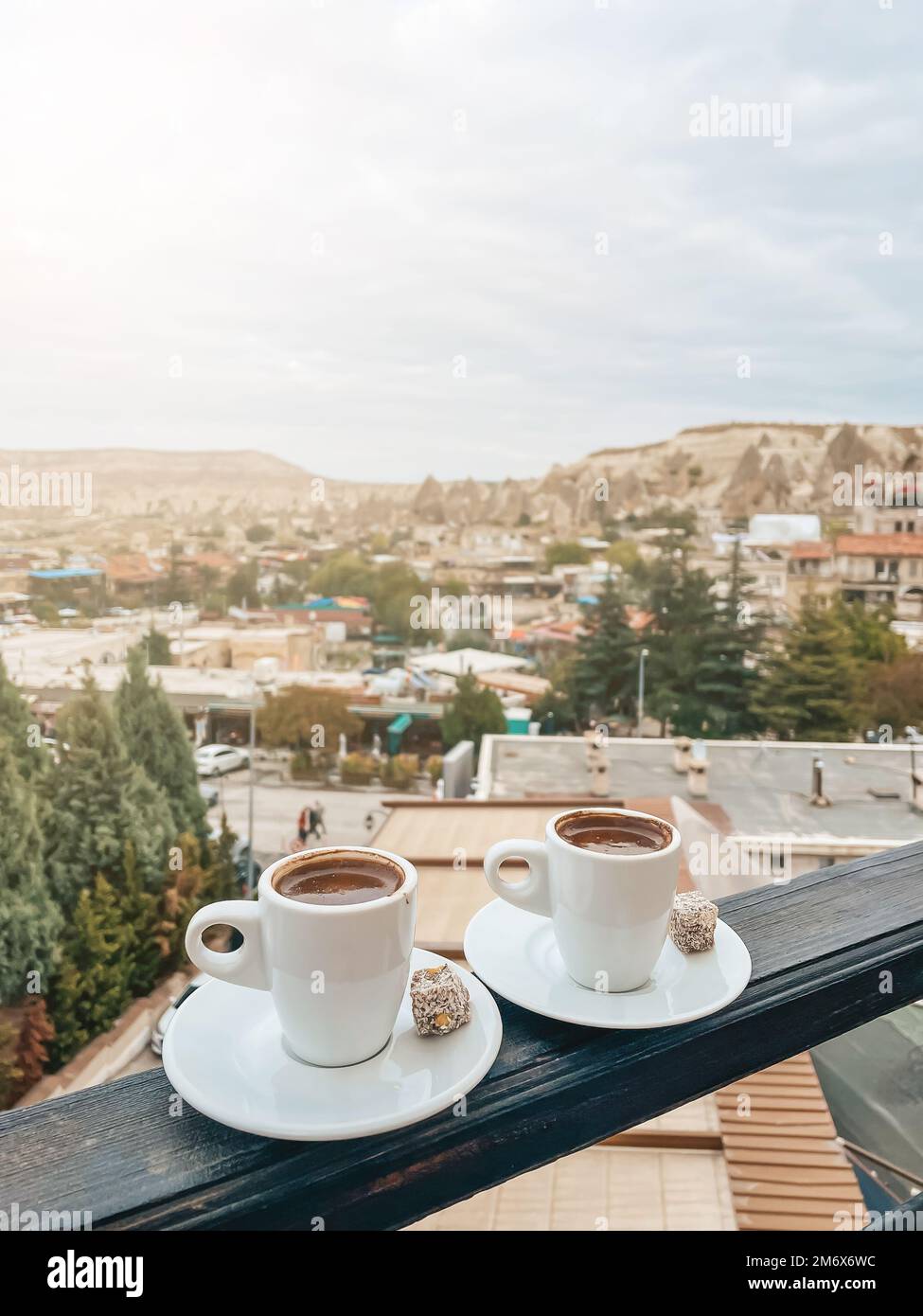 Cup with traditional Turkish coffee on a background of a valley in