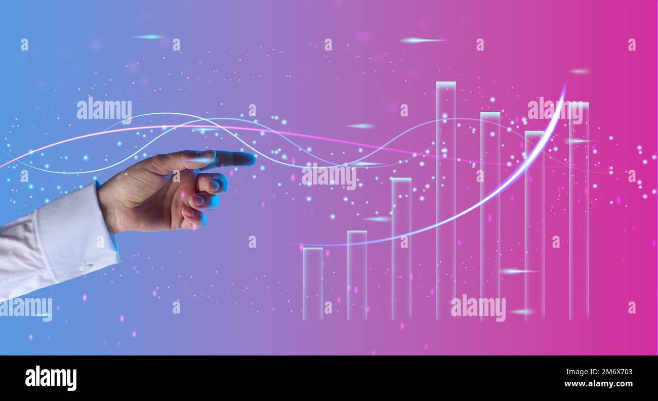 Holographic chart with rising rates and indicators. Business growth