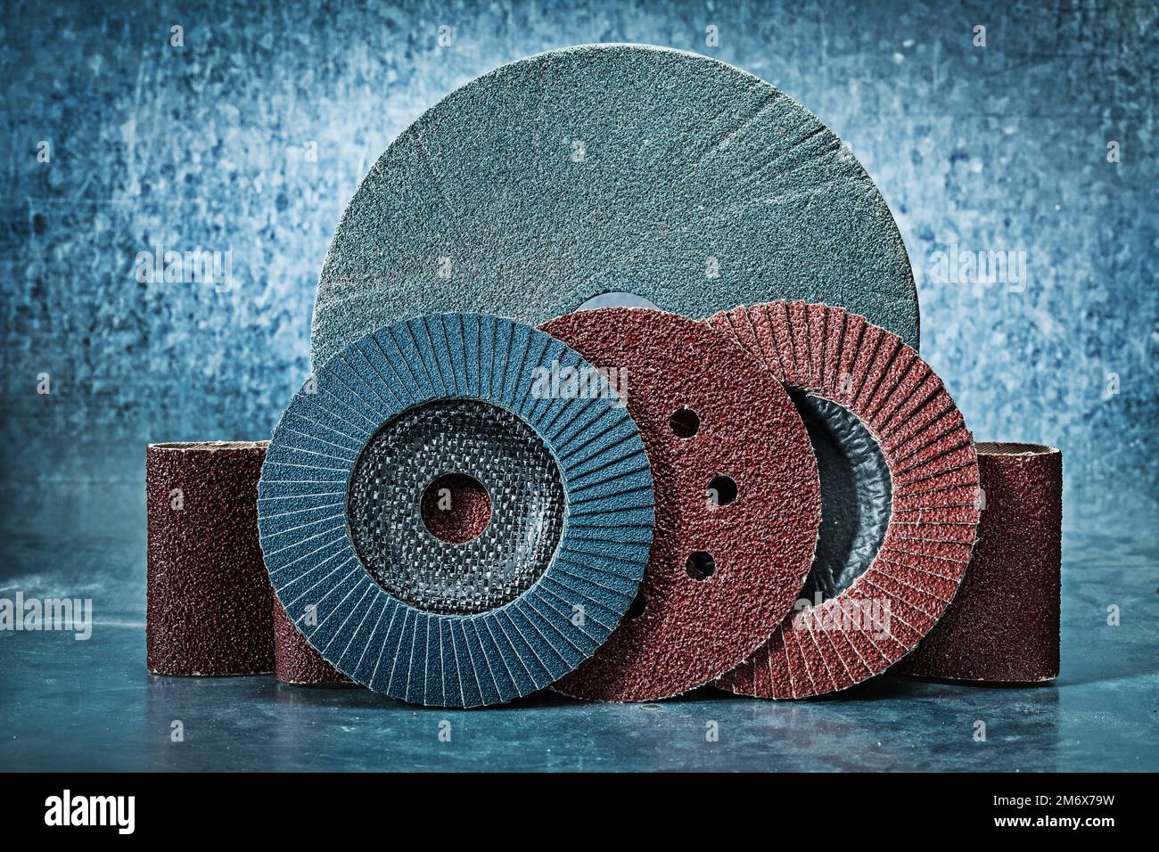 abrasive discs and tapes on metalic background Stock Photo Alamy