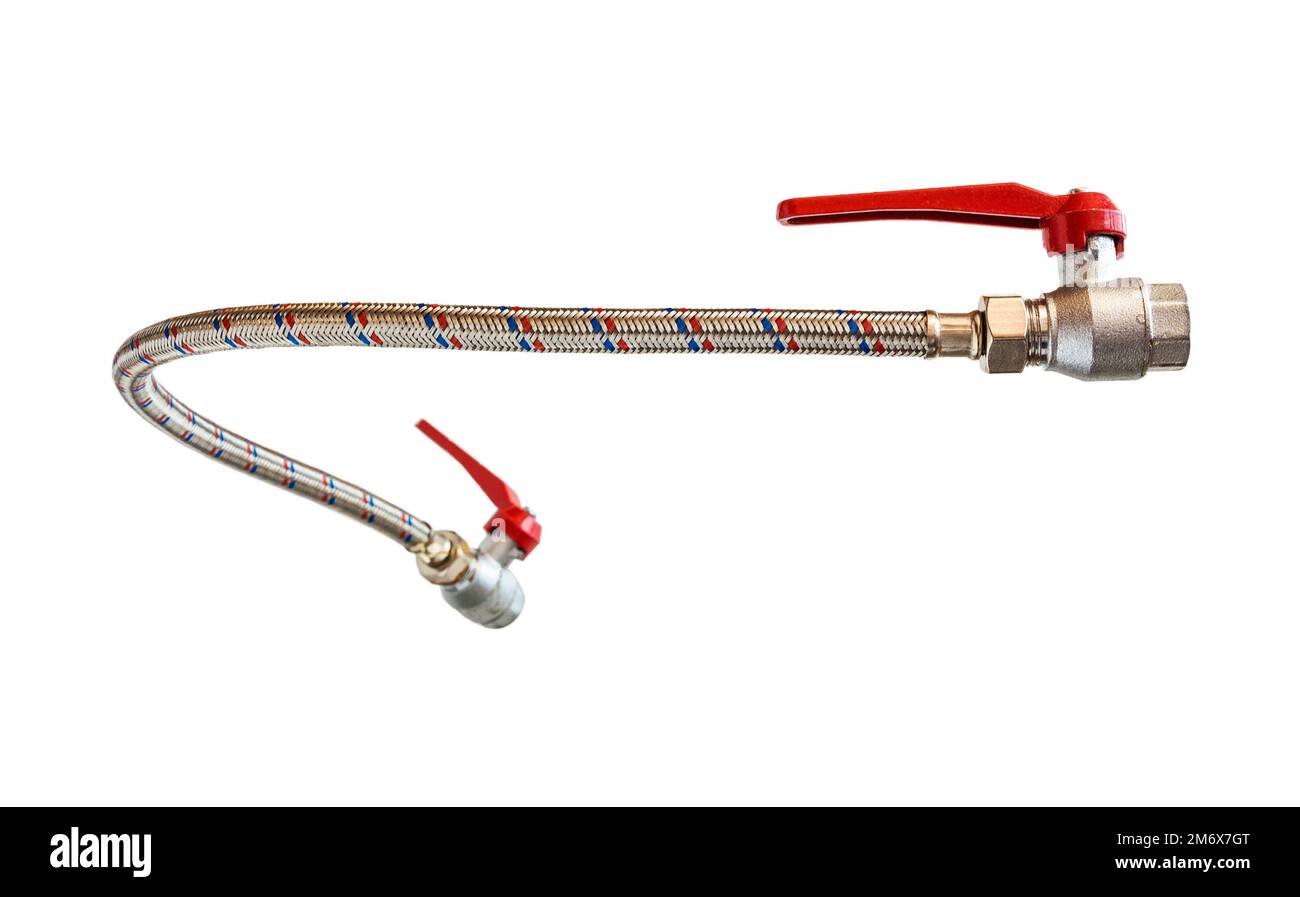 Flexible water hose with ball valves at the end, bottom view, close-up Stock Photo