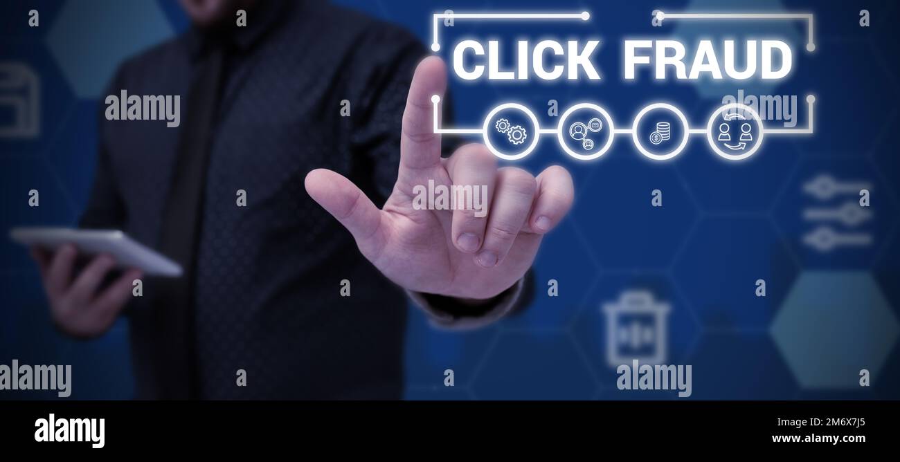 Handwriting text Click Fraud. Business idea practice of repeatedly clicking on advertisement hosted website Stock Photo