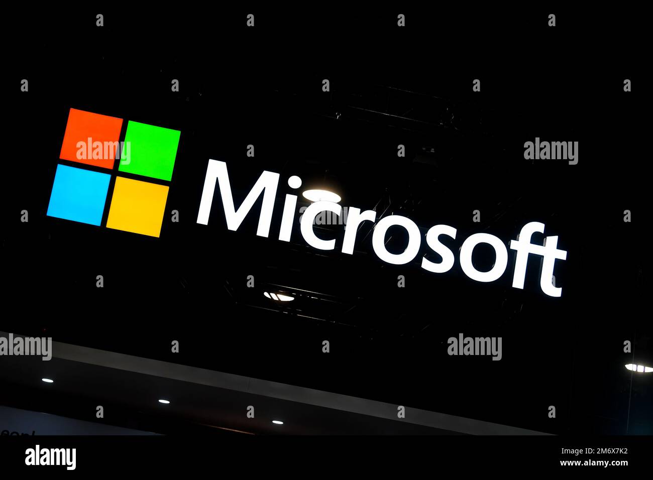 Las Vegas, NV on January 5, 2023. A Microsoft sign is displayed during