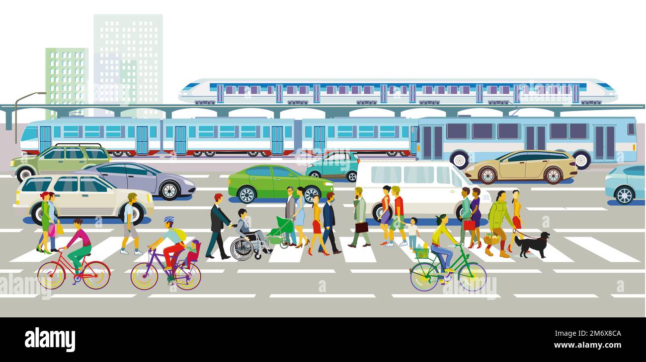 People on the crosswalk and road and rail traffic, illustration Stock Photo