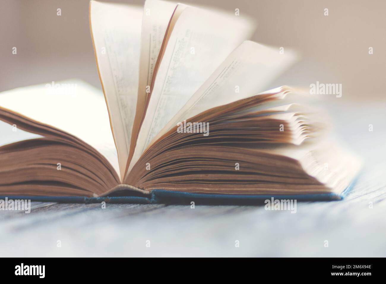 Open paper book on wooden table, retro style education and literature background Stock Photo