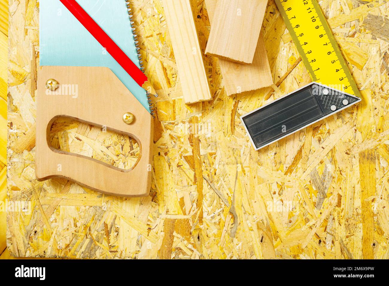 carpenter tools on plywooden board Stock Photo Alamy