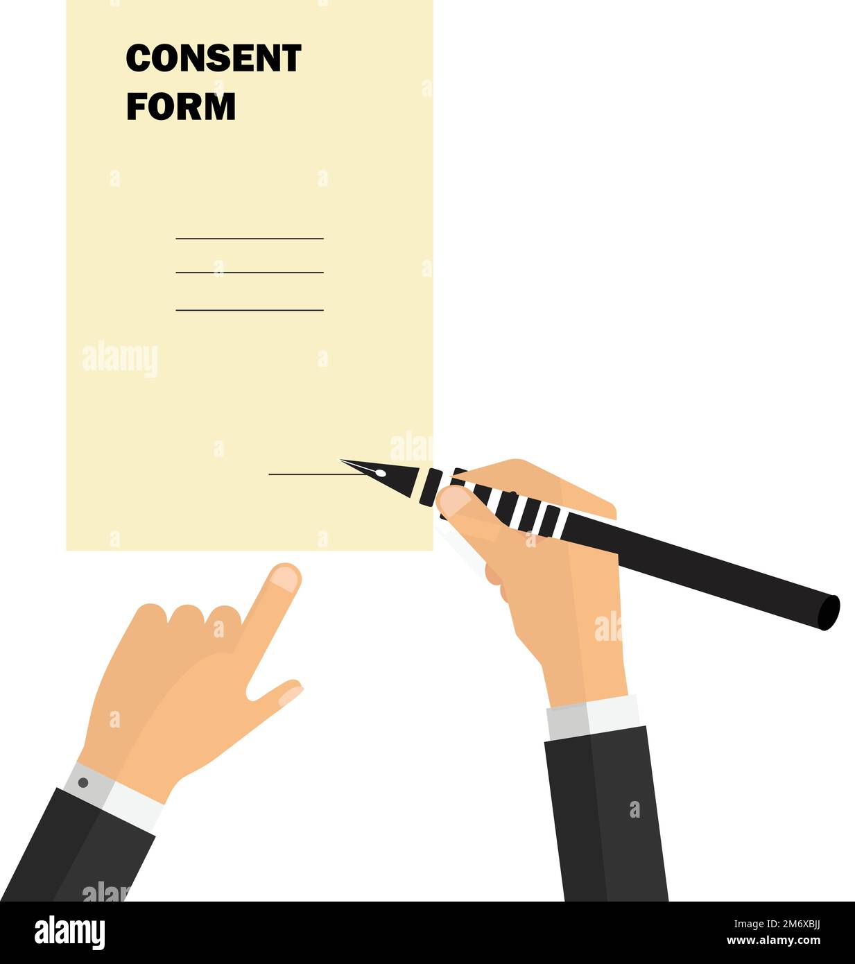 Hands of a person signing a consent form Stock Vector
