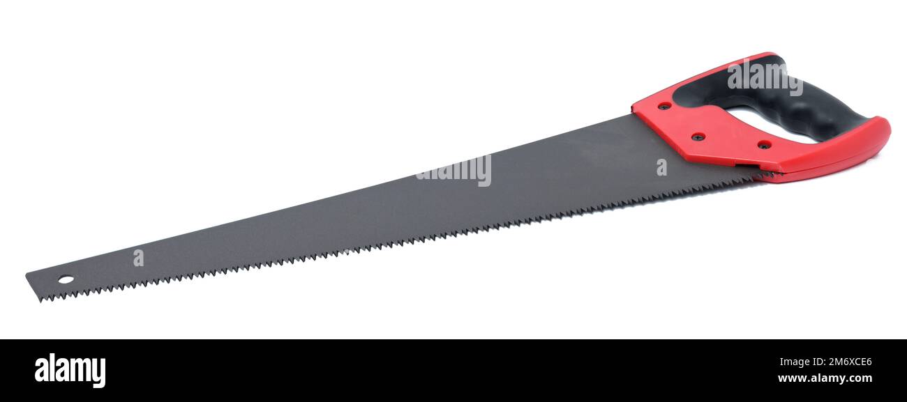 New hand saw with a rubber red handle on a white isolated background