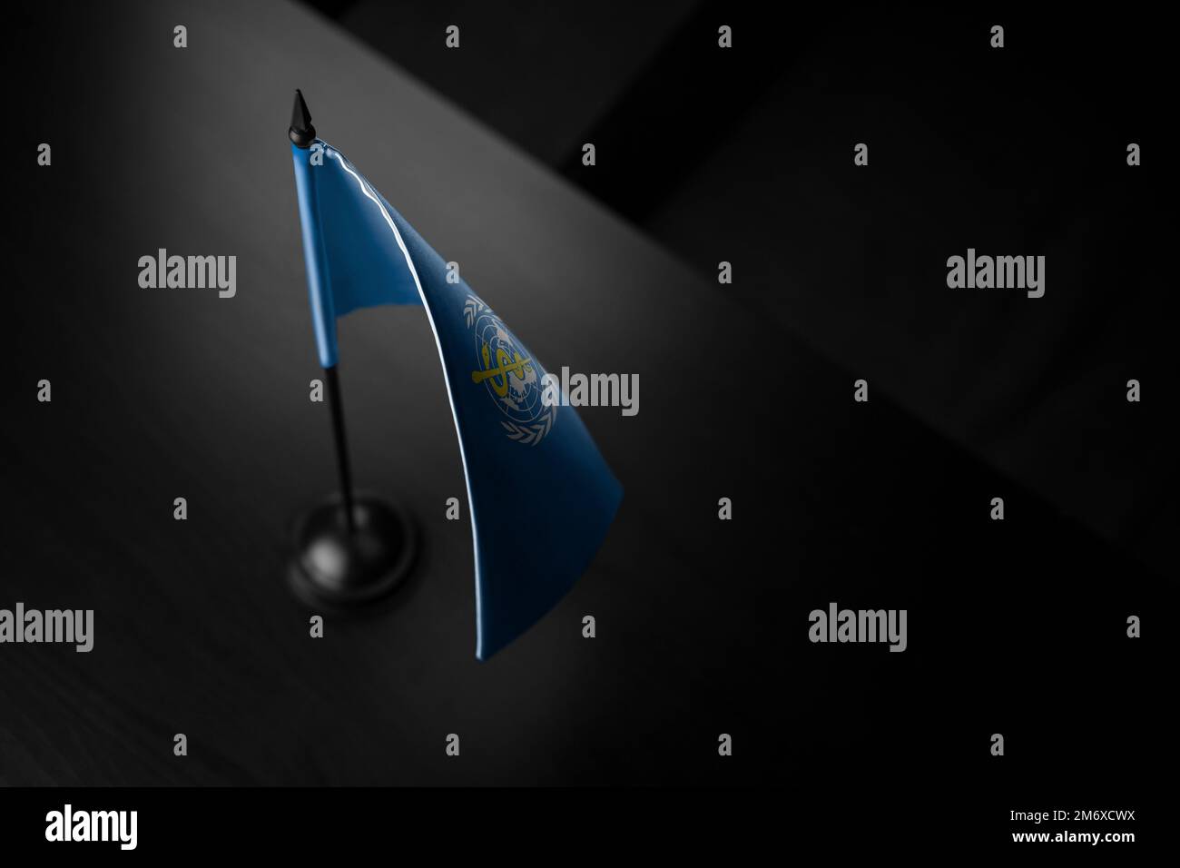 Small national flag of the World Health Organization WHO on a black ...