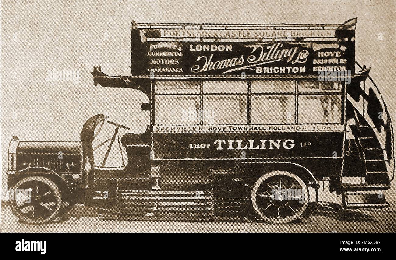 An early open top double decker omnibus operated by Thomas Tilling Ltd of London & Brighton Stock Photo
