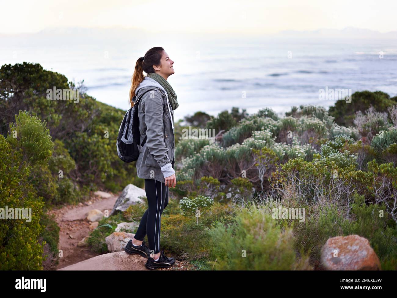 Theres nothing quite like this. a young woman enjoying nature while out hiking. Stock Photo