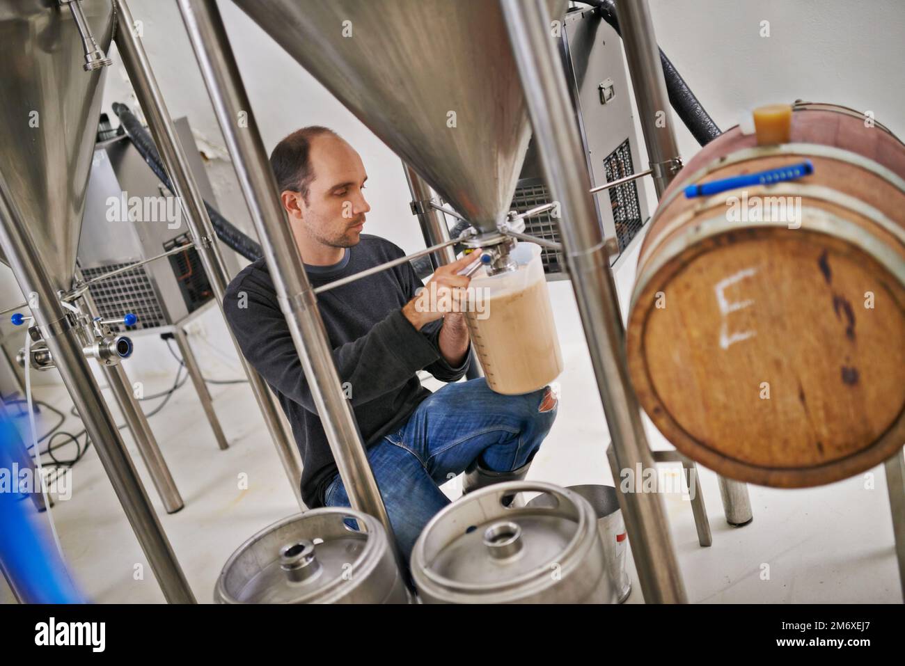 Lets give this batch a test. a man working in a microbrewery. Stock Photo