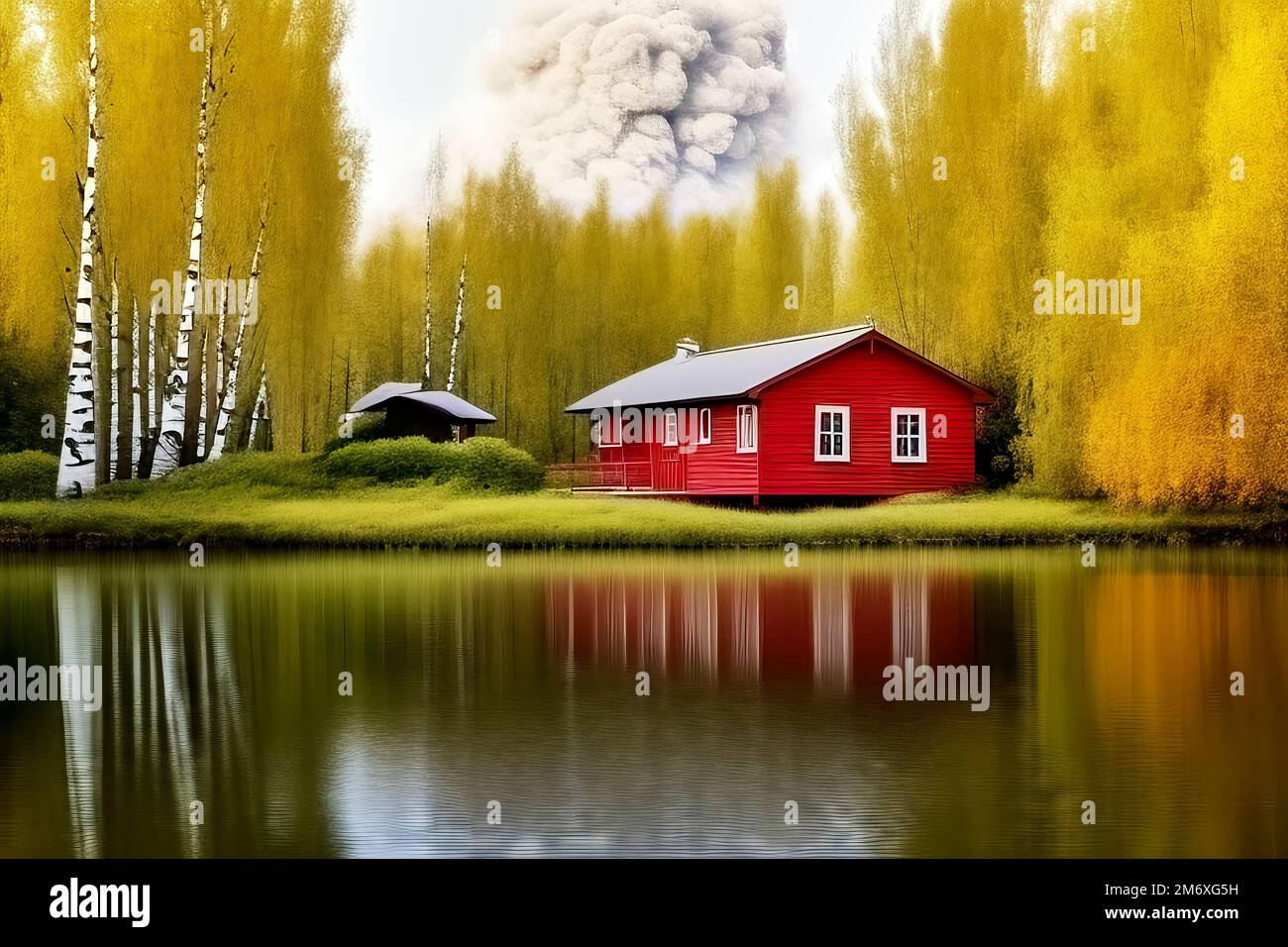 Red wooden house reflected in the water on a quiet lake in a birch forest, made with generative AI Stock Photo