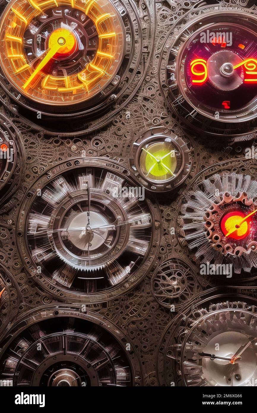 Detail of unreal time machine with gears, displays and luminous digits, made with generative AI Stock Photo