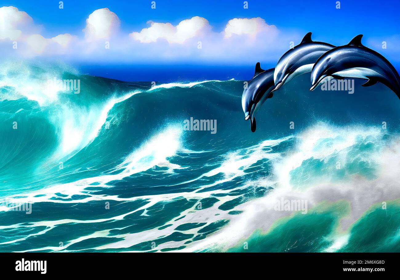 Jumping dolphins over high waves with whitecaps and roaring spray under blue sky, made with generative AI Stock Photo