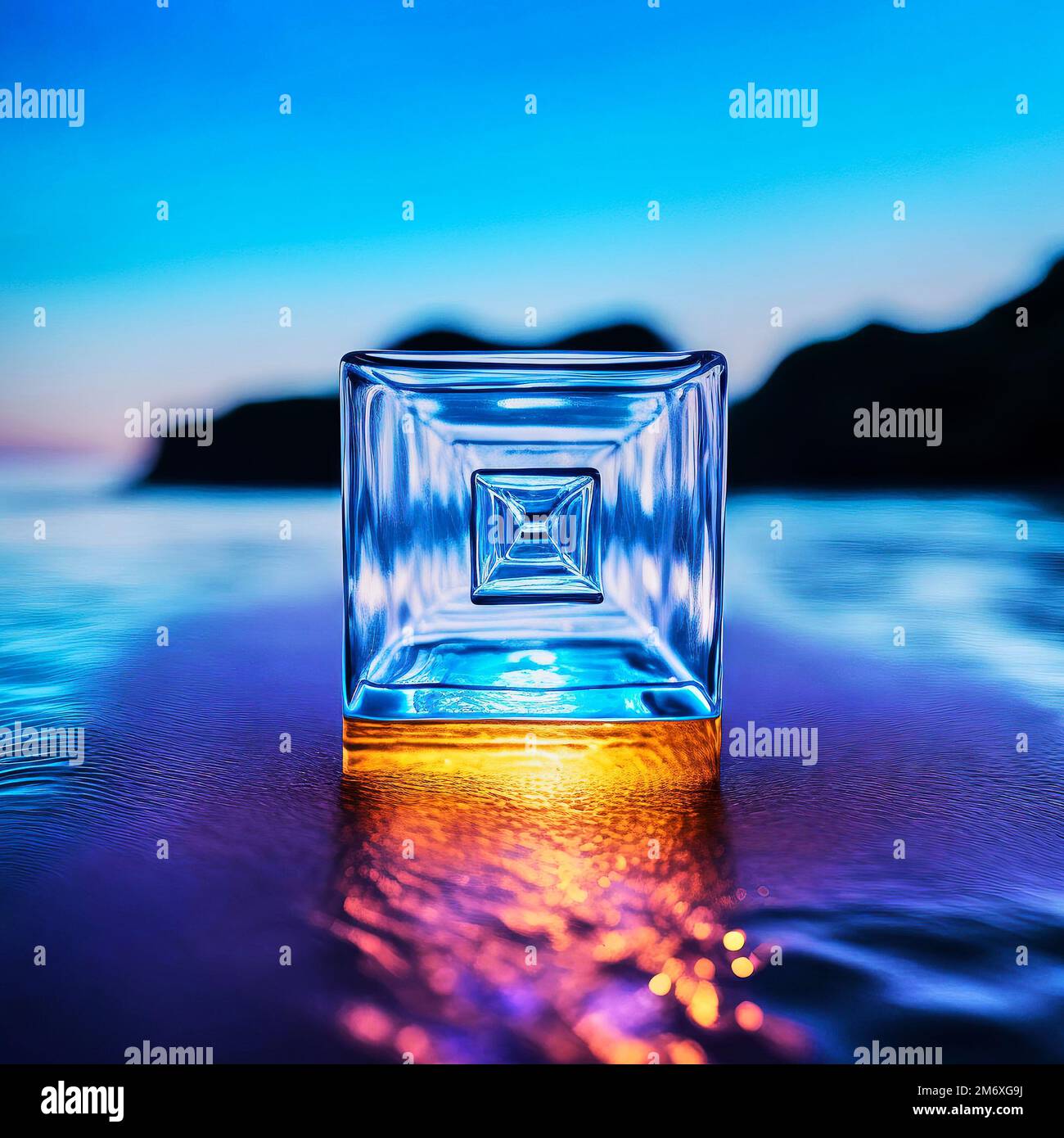 Abstract illustration of a transparent cube of ice or glass with a glow at the bottom on the shelf, made with generative AI Stock Photo