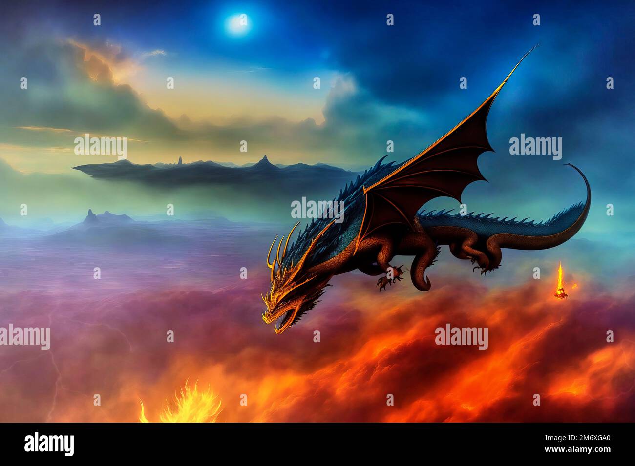 Fantasy illustration of dragon flying over red smoke under dark blue sky, made with generative AI Stock Photo