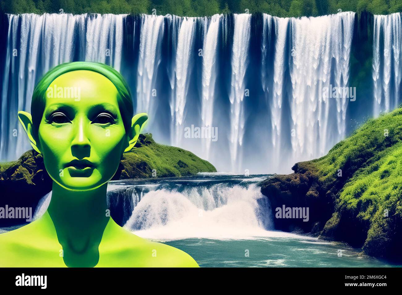 Portrait of serious looking alien with green skin in front of landscape with high waterfall, made with generative AI Stock Photo