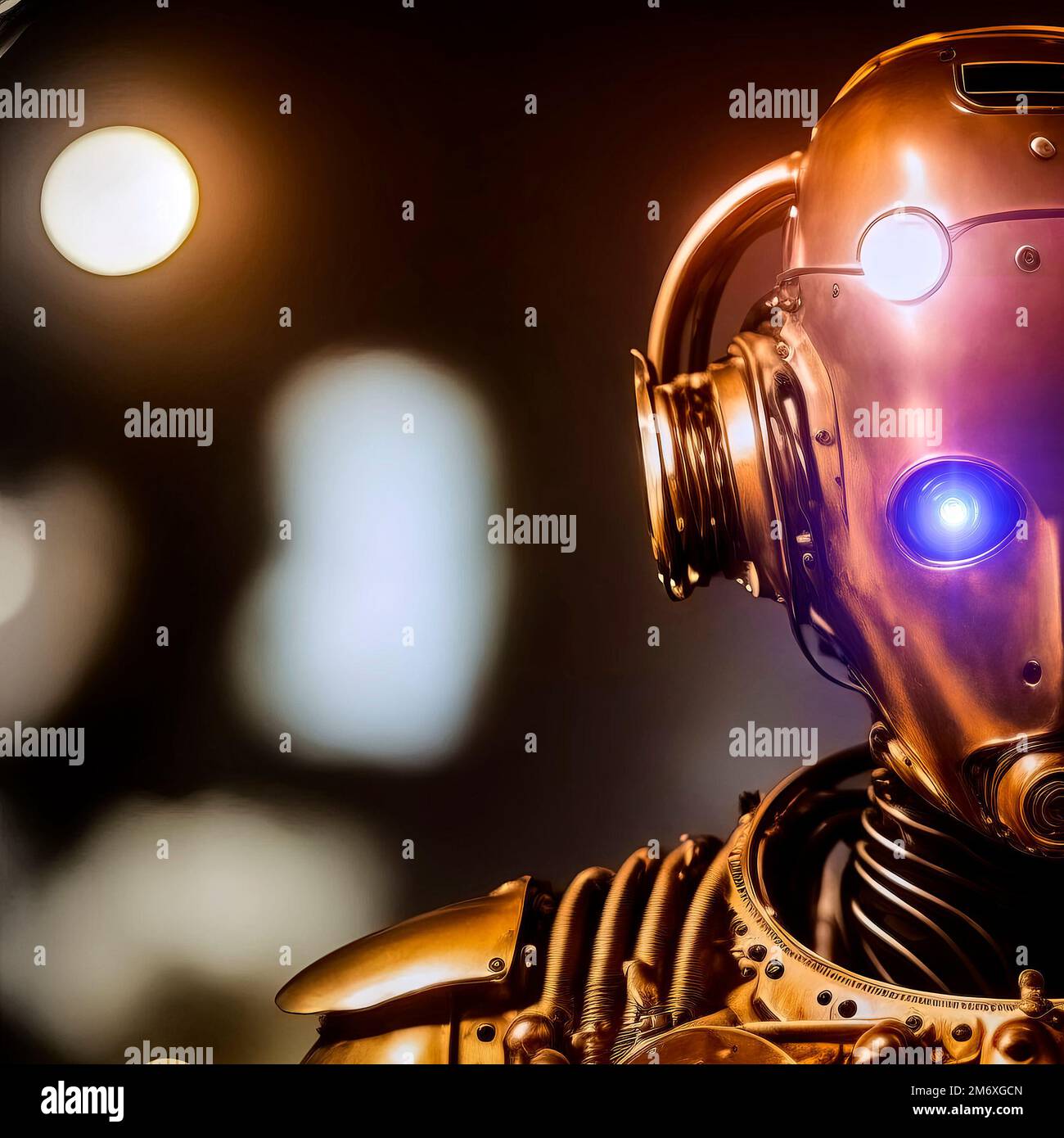 Cropped portrait of cyborg with full gold armor in copper color against blurred background with glowing LED eyes, made with generative AI Stock Photo