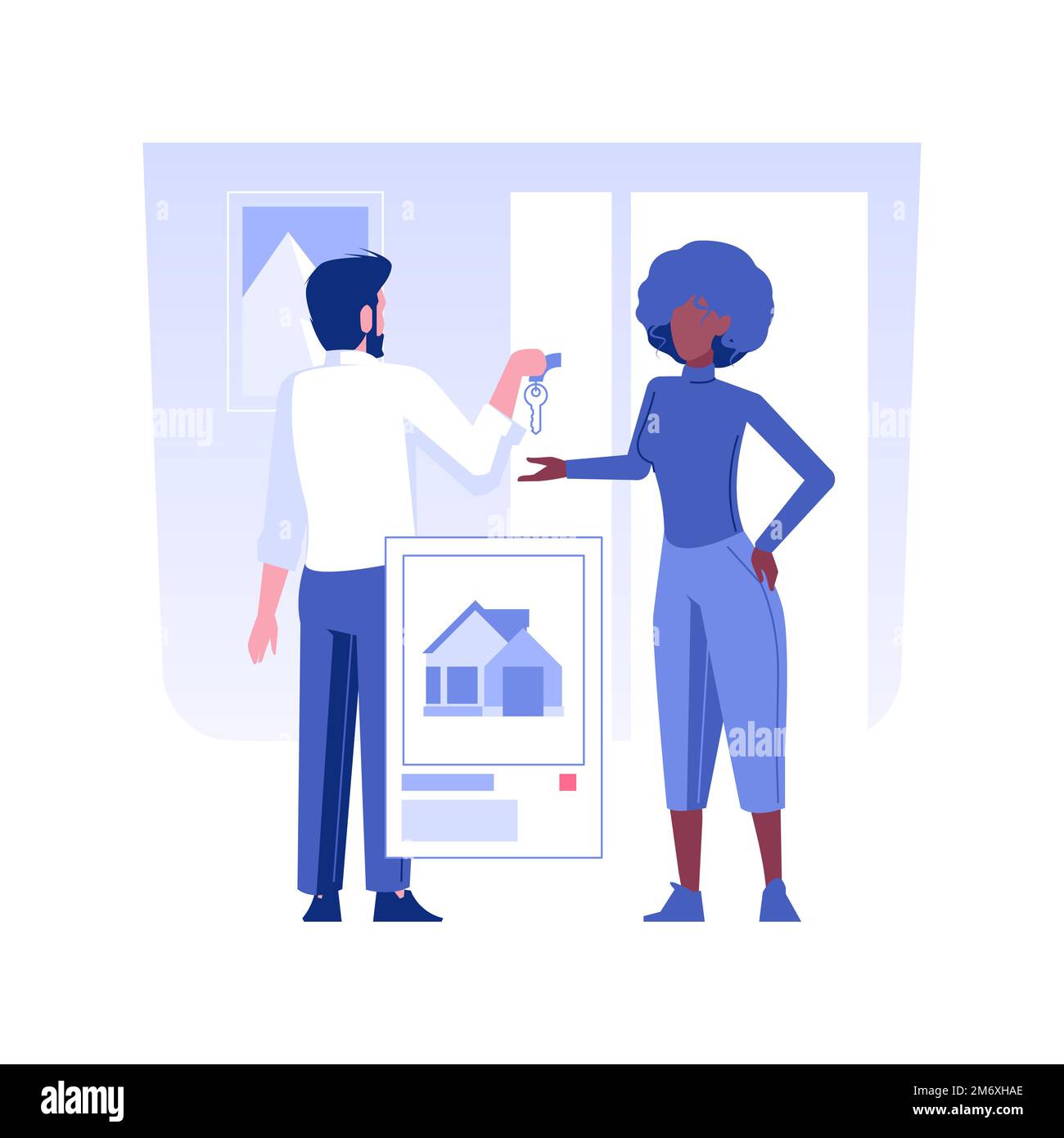 Leasing service isolated concept vector illustration. Real estate agent giving keys to clients