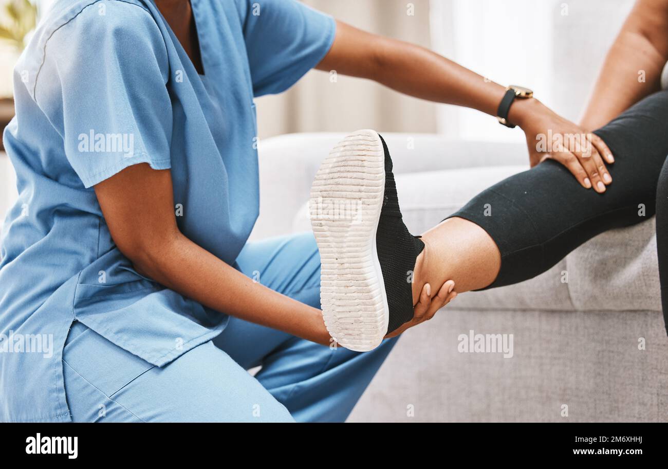 Leg, physiotherapy and rehabilitation with a nurse and patient