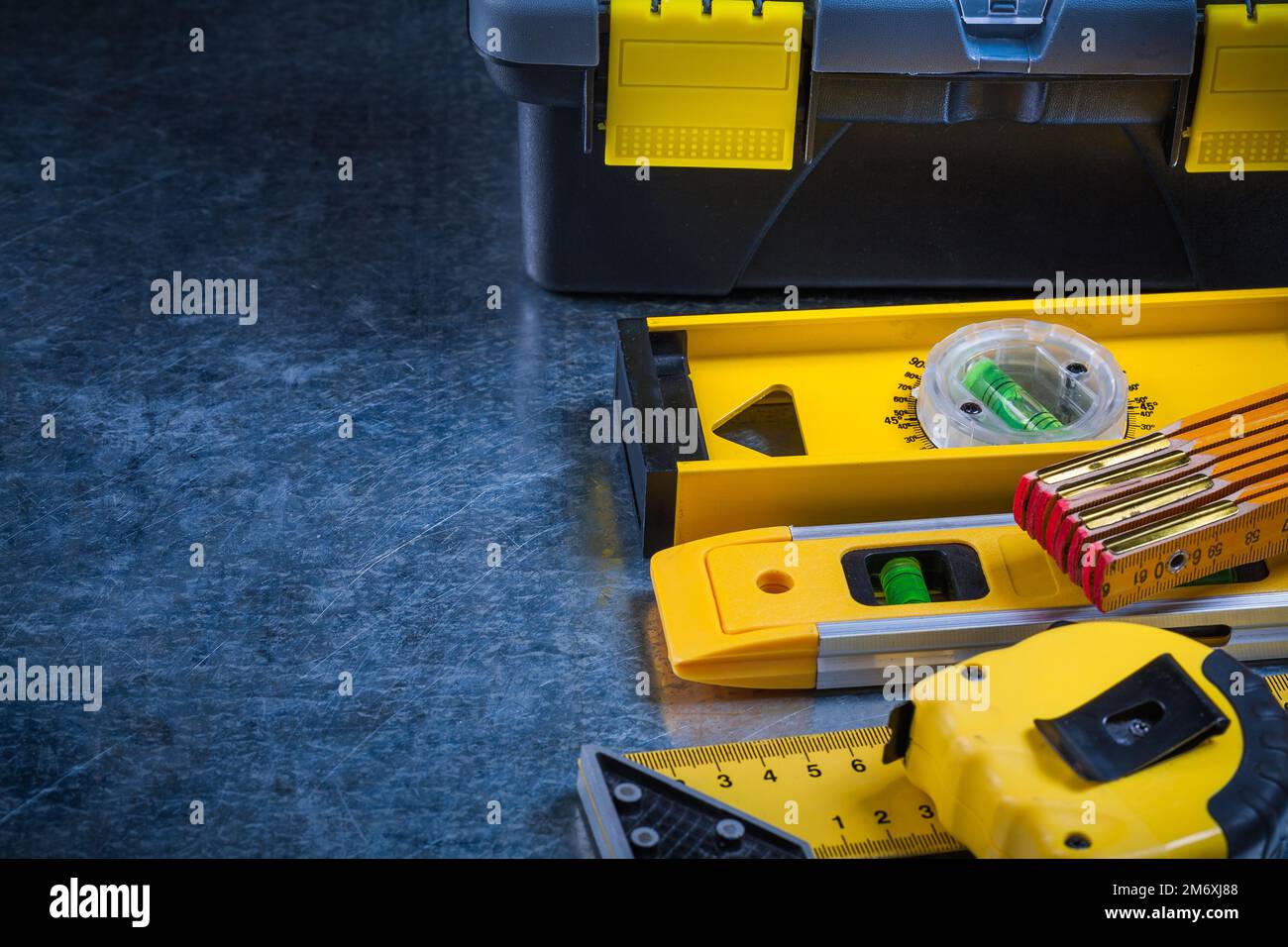 Copy space image of toolkit construction levels and instruments of ...