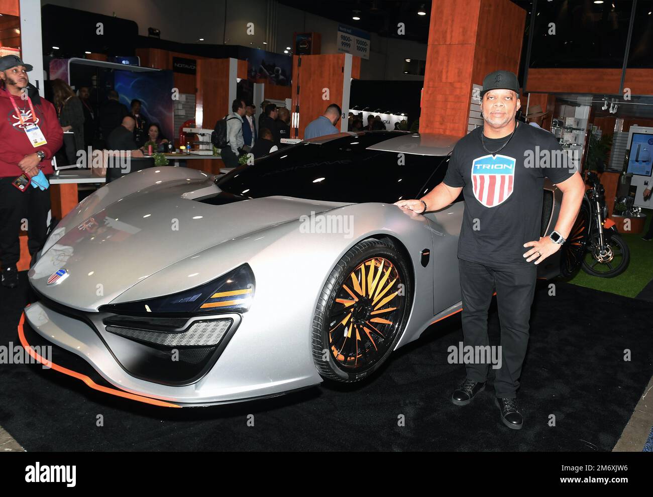 Las Vegas, USA. 05th Jan, 2023. Trion Supercars Founder and CEO Richard Patterson poses with the Trion Nemesis during CES 2023 at the Las Vegas Convention Center in Las Vegas, NV on January 5, 2023. (Photo by Bryan Steffy/Sipa USA) Credit: Sipa USA/Alamy Live News Stock Photo