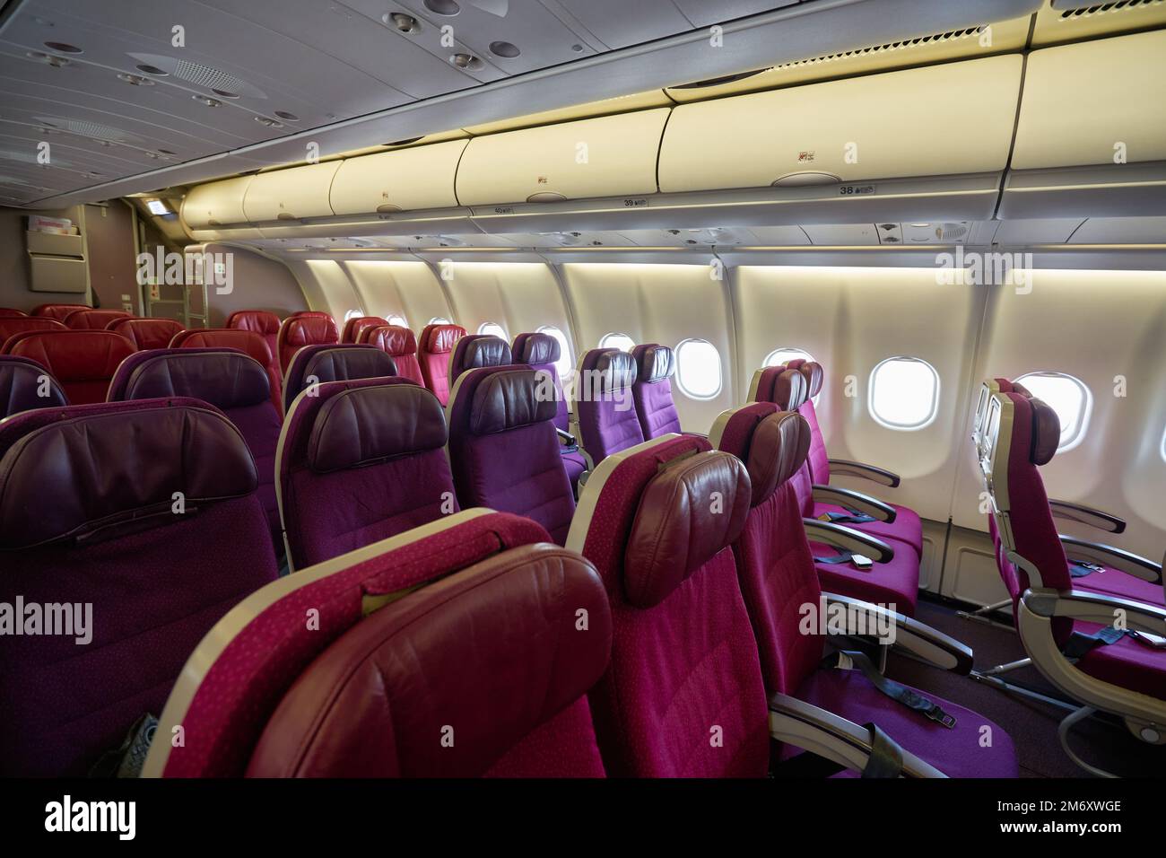 KUALA LUMPUR, MALAYSIA - CIRCA JANUARY, 2020: economy class on an Malaysia Airlines Airbus A330-300 Stock Photo