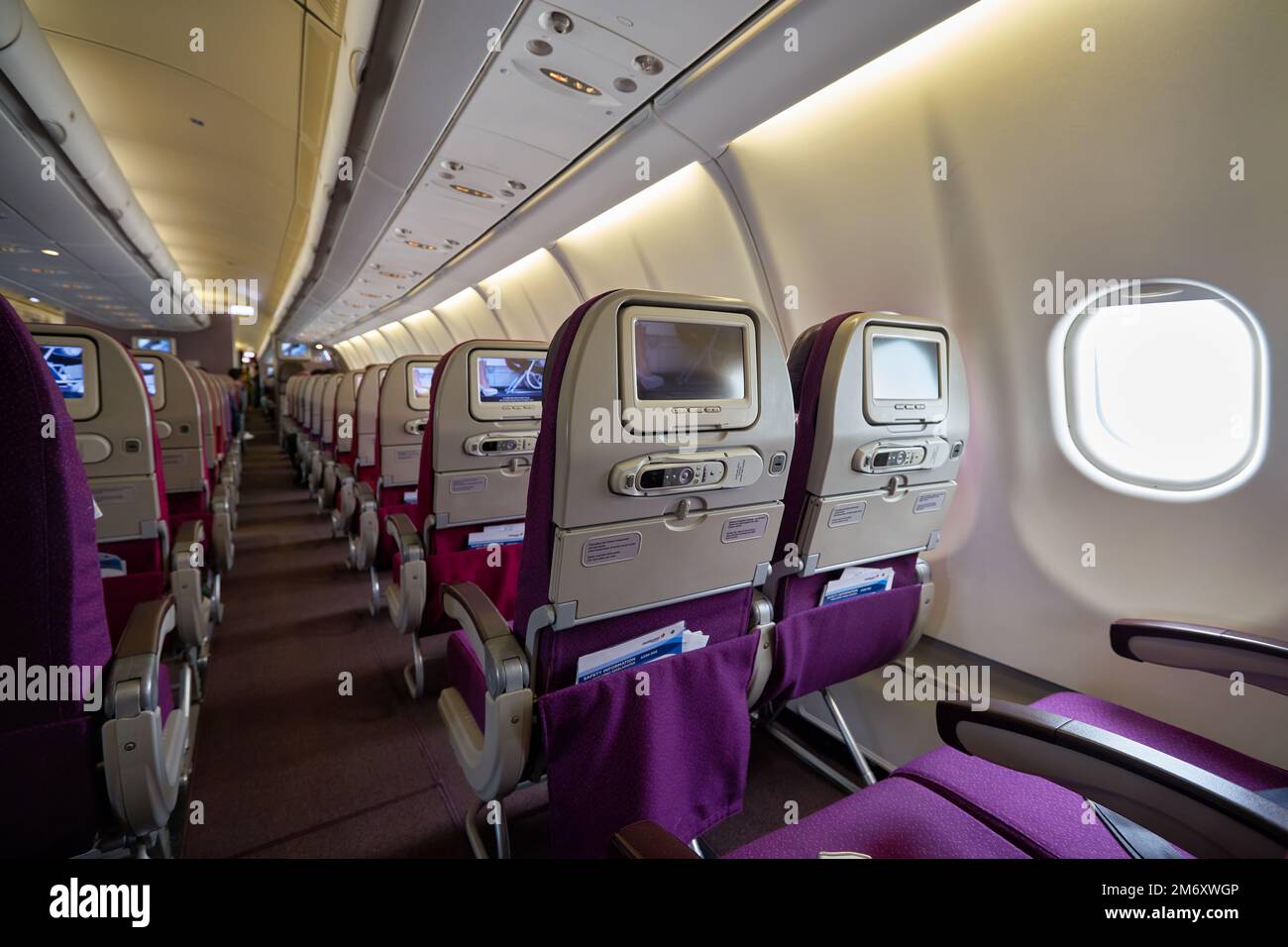 KUALA LUMPUR, MALAYSIA - CIRCA JANUARY, 2020: economy class on an Malaysia Airlines Airbus A330-300 Stock Photo