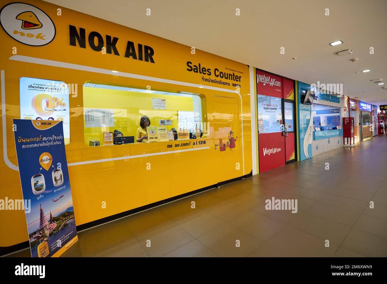 PHUKET, THAILAND - CIRCA JANUARY, 2020: Nok Air sales counter as seen at Phuket International Airport. Stock Photo