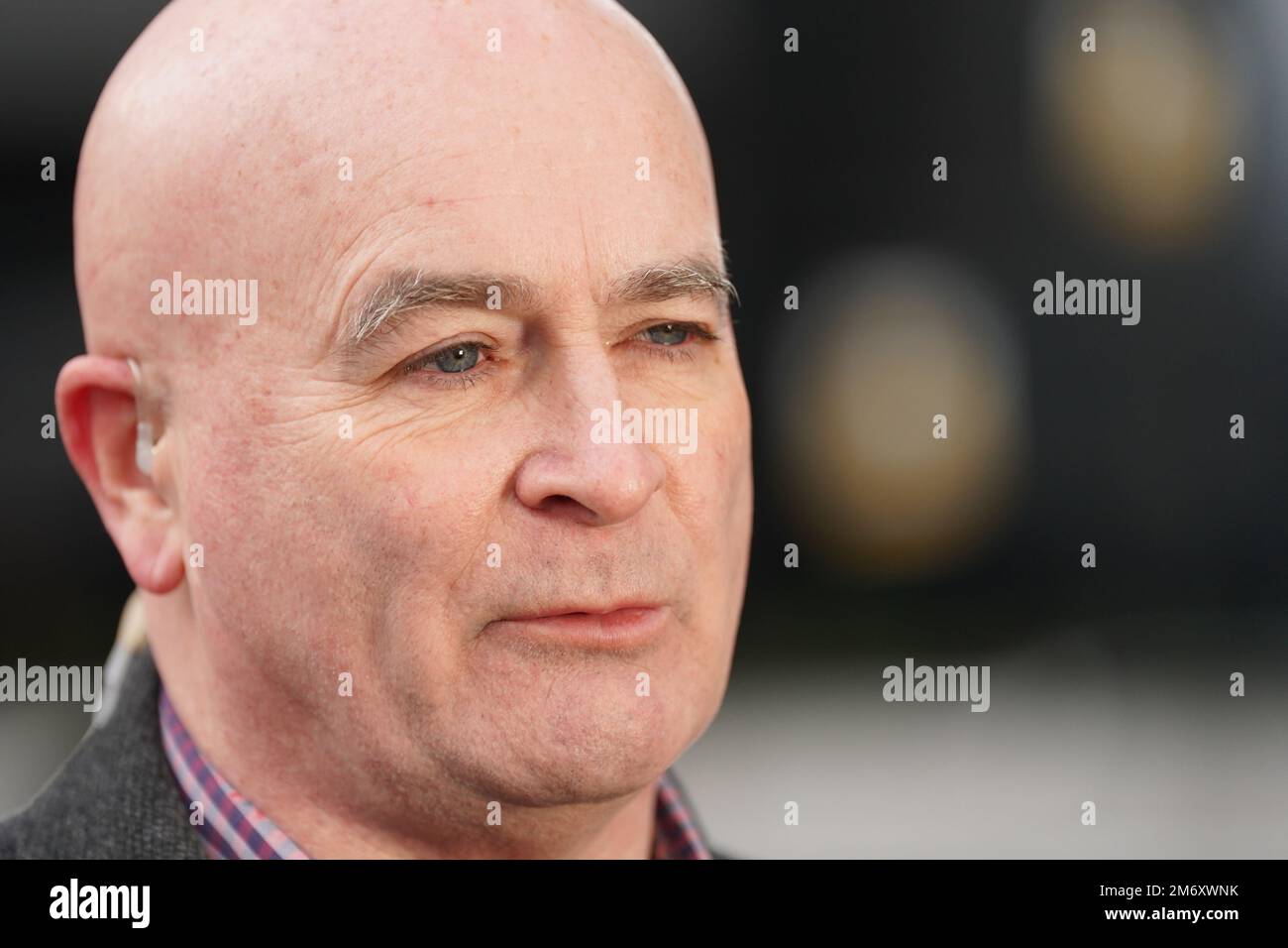 Mick Lynch, general secretary of the Rail, Maritime and Transport union (RMT), joins union members on the picket line outside Euston station in London during a rail strike in a long-running dispute over jobs and pensions. Picture date: Friday January 6, 2023. Stock Photo