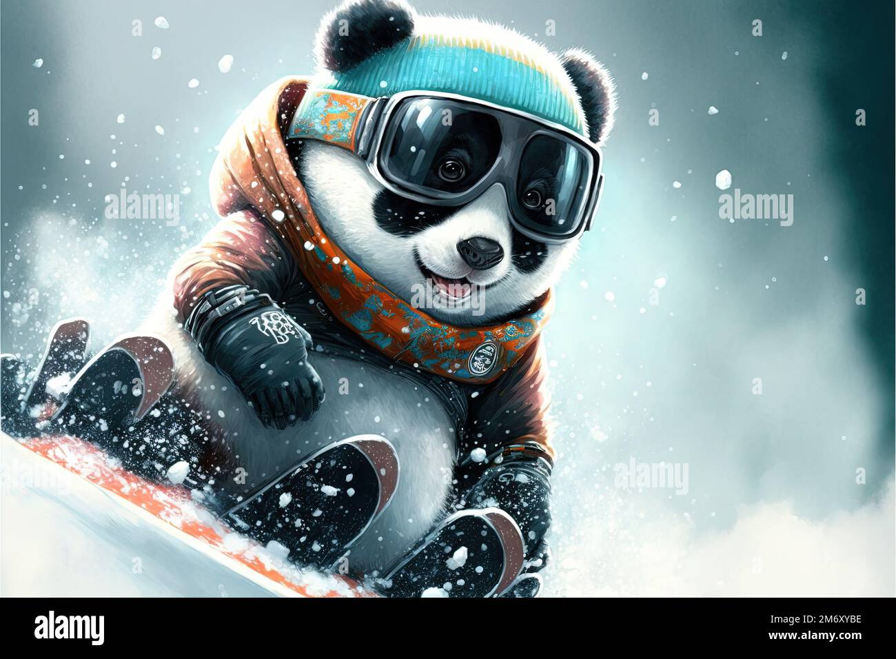 A little brave panda is riding a snowboard generative ai Stock Photo - Alamy