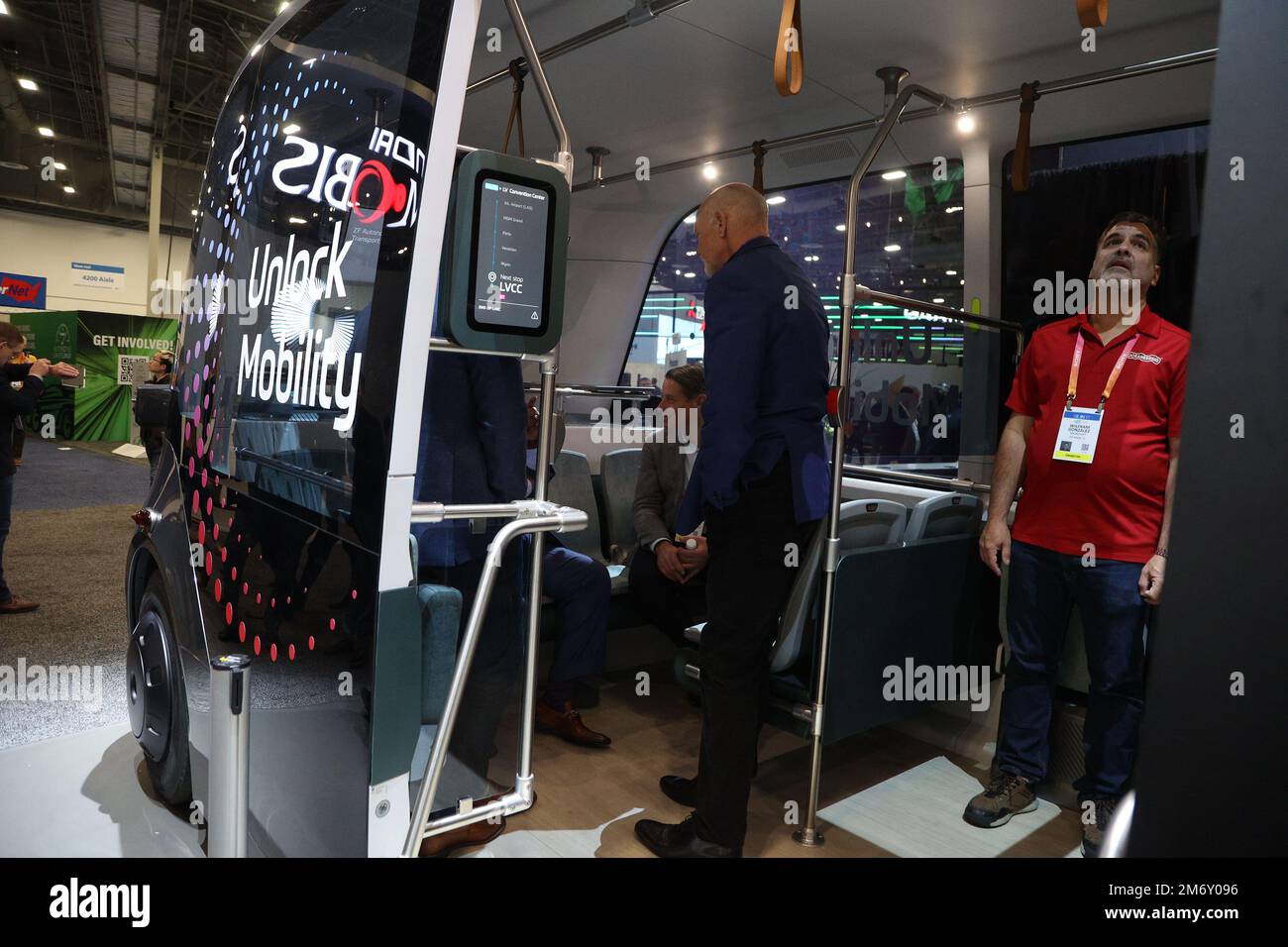 Las Vegas, United States. 05th Jan, 2023. A view of attendees inside a ZF autonomous emission-free shuttle on display during the 2023 International CES, at the Las Vegas Convention Center in Las Vegas, Nevada on Thursday, January 5, 2023. Photo by James Atoa/UPI Credit: UPI/Alamy Live News Stock Photo