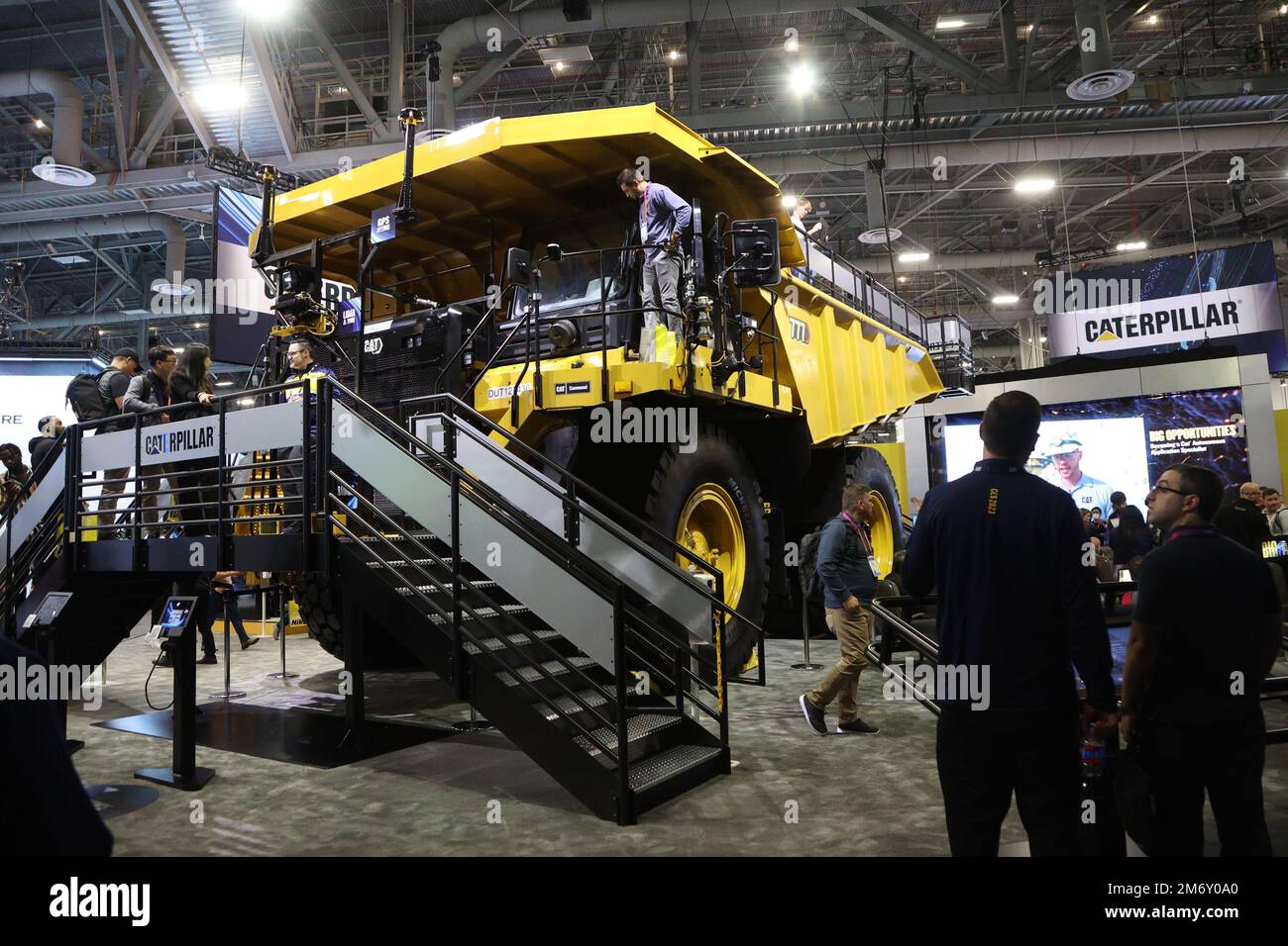 Las Vegas, United States. 05th Jan, 2023. A view of the gigantic Caterpillar 777 haul truck on display during the 2023 International CES, at the Las Vegas Convention Center in Las Vegas, Nevada on Thursday, January 5, 2023. The Cat777 is a 100-ton haul truck, typically used in open pit mining. Photo by James Atoa/UPI Credit: UPI/Alamy Live News Stock Photo