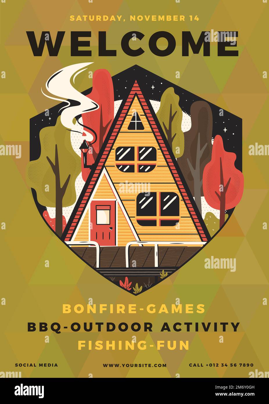 Vector banner with cozy house in autumn forest and text Stock