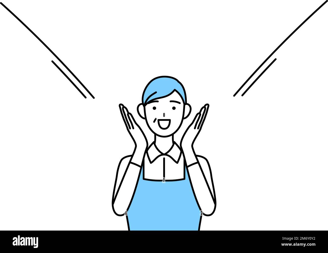 A senior woman in an apron calling out with his hand over his mouth ...