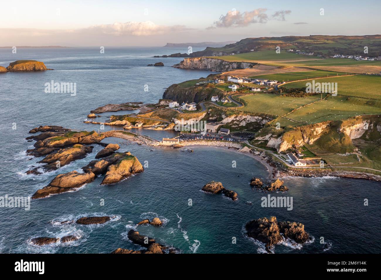 Aerial view of Ballintoy Harbour near Giants Causeway, County. Antrim