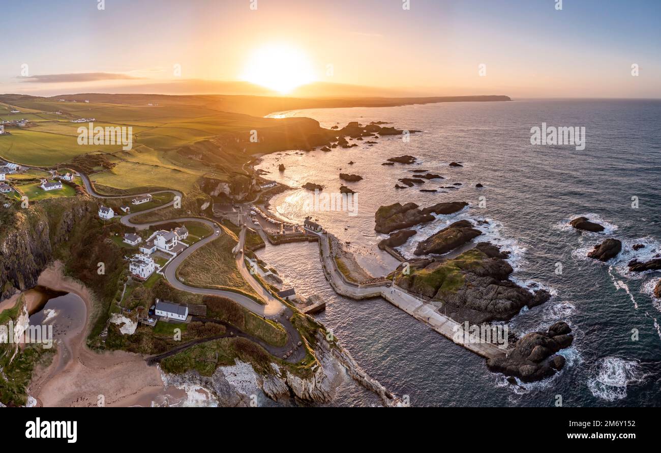 Aerial view of Ballintoy Harbour near Giants Causeway, County. Antrim