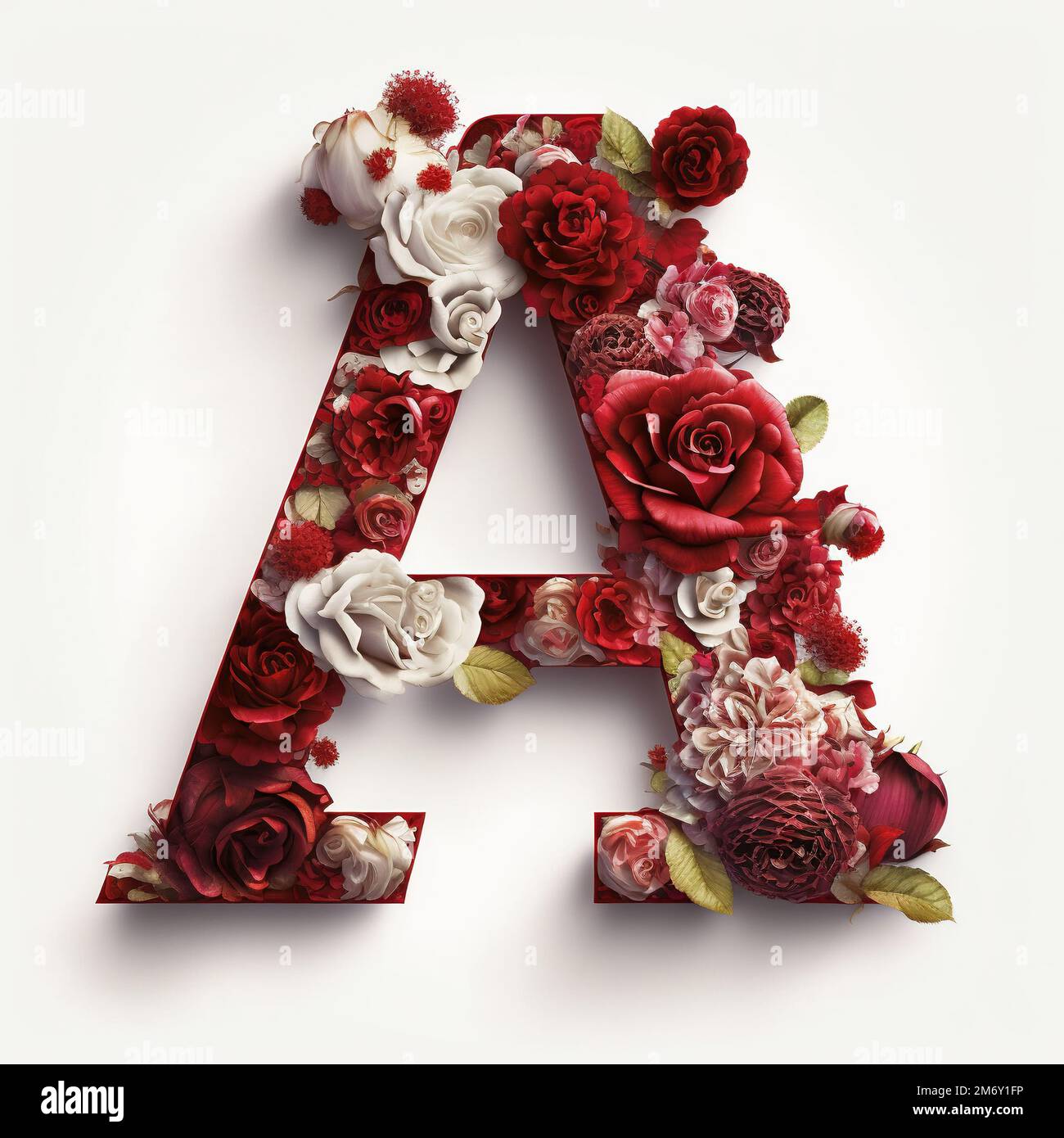 Flower decorated A letter filled with red roses and in bold on clean white background and in dark red colours. Stock Photo